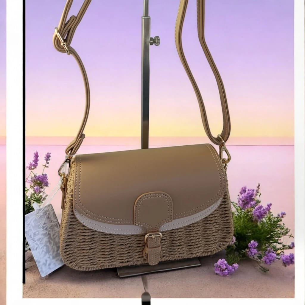 Bolso bandolera rafia taupe y beige