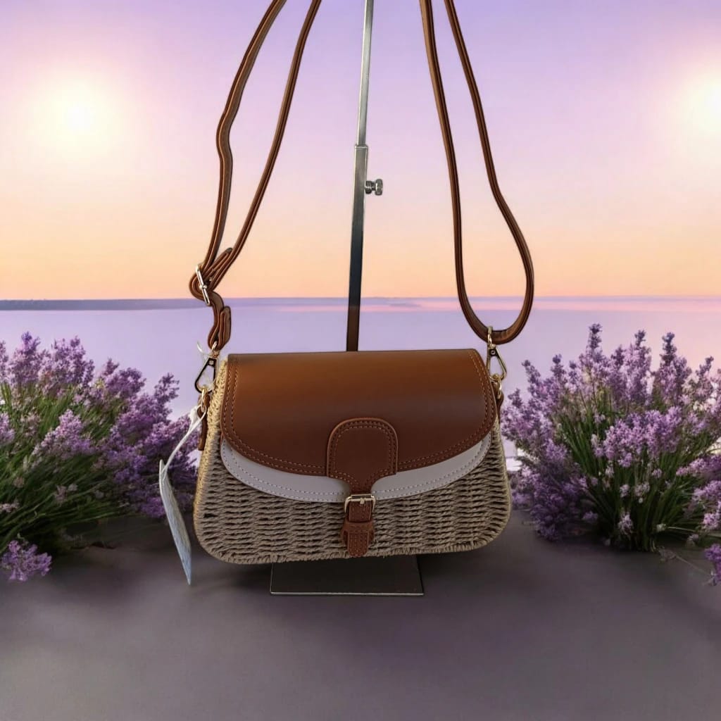 Bolso bandolera rafia camel y beige
