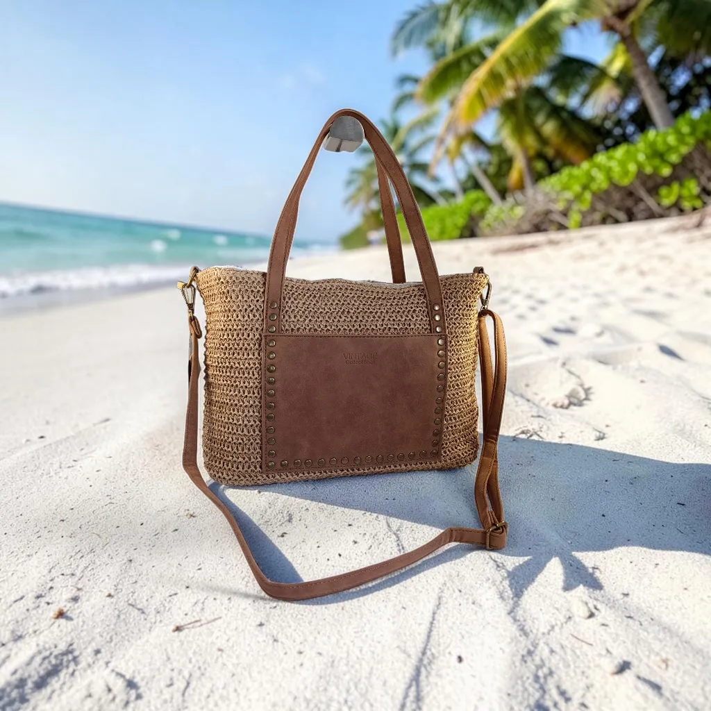 bolso tote de rafia mujer beige y camel elegante