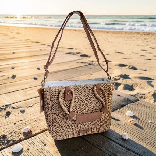 bolso de rafia original mujer beige con bandolera y asas decorativas 28x23x12 cm