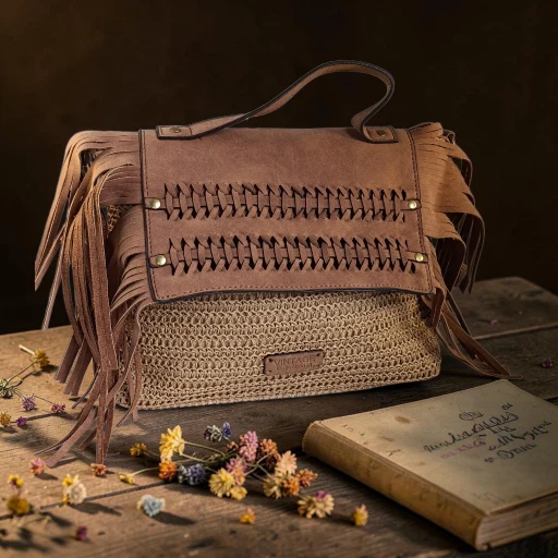 bolso de rafia con flecos mujer marrón boho western artesanal 30x24x10 cm