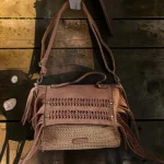 bolso de rafia con flecos mujer marrón boho western artesanal 30x24x10 cm
