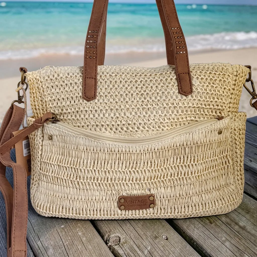 bolso de rafia mujer crema con bolsillos exteriores y bandolera