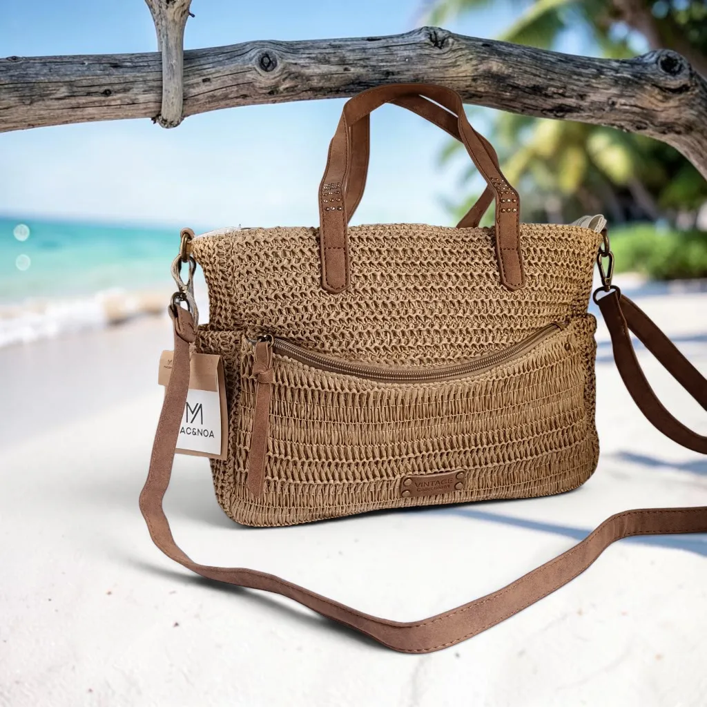 Bolso de rafia beige mujer con bolsillos exteriores y bandolera ajustable