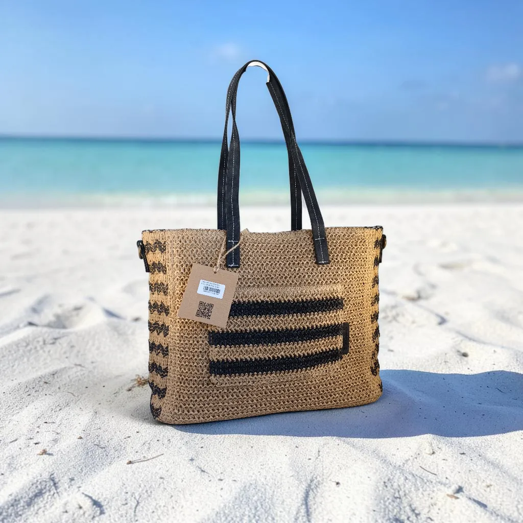 Bolso de rafia original beige con detalles negros