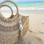 Bolso de rafia natural para mujer con asas redondas, cierre de cremallera y estilo mediterráneo de 37 × 22 × 9 cm