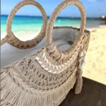 Bolso de rafia natural para mujer con asas redondas, cierre de cremallera y estilo mediterráneo de 37 × 22 × 9 cm