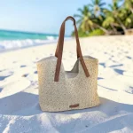 Bolso de rafia crema para mujer con asas largas camel y diseño shopper mediterráneo de 32 × 19 × 10 cm