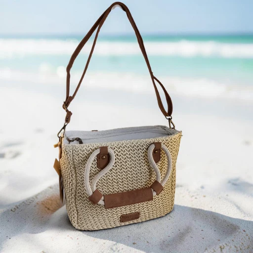 Bolso de rafia crema para mujer con detalles marrón, bandolera ajustable y diseño shopper de 27 × 24 × 14 cm