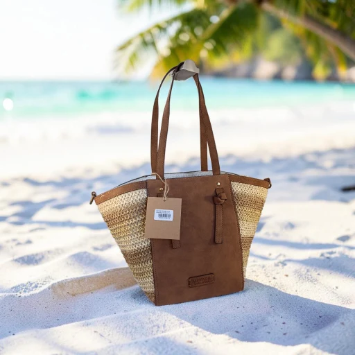 Bolso shopper de rafia beige para mujer con detalles marrón