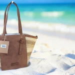Bolso shopper de rafia beige para mujer con detalles marrón