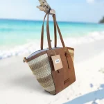 Bolso shopper de rafia beige para mujer con detalles marrón