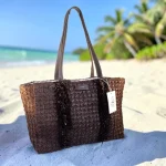 Bolso shopper de rafia marrón chocolate para mujer con asas largas