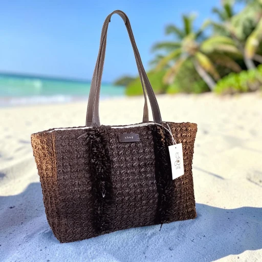 Bolso shopper de rafia marrón chocolate para mujer con asas largas