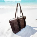 Bolso shopper de rafia marrón chocolate para mujer con asas largas
