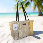 Bolso Shopper Crema con Asas Negras | Rafia Mujer