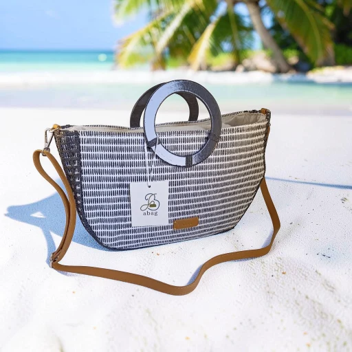 Bolso de mano blanco y negro para mujer con asa circular y bandolera ajustable