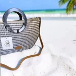 Bolso de mano blanco y negro para mujer con asa circular y bandolera ajustable