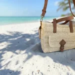 Bolso bandolera de rafia crema para mujer con bolsillo frontal y detalles camel