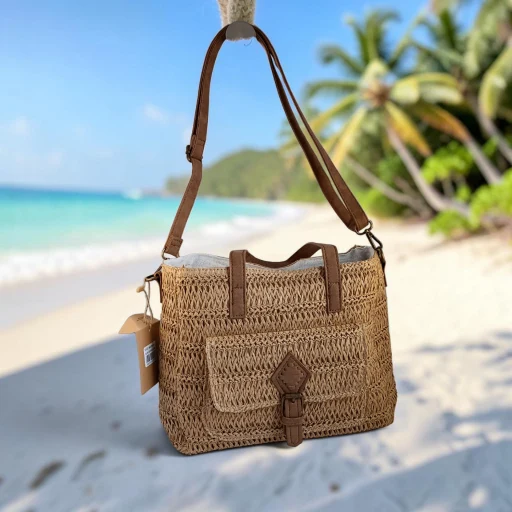 Bolso bandolera de rafia para mujer con bolsillo delantero y detalles efecto cuero