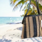 Bolso tote beige y negro de rafia para mujer con asas negras