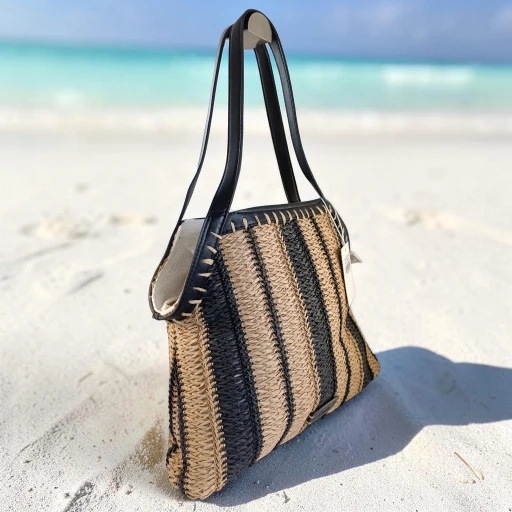 Bolso tote beige y negro de rafia para mujer con asas negras
