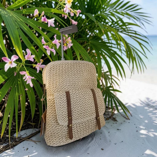 Mochila de rafia crema para mujer con bolsillo delantero y detalles marrones
