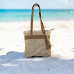 Bolso de rafia beige para mujer con asas color cuero