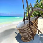 Bolso tote de rafia beige y marrón para mujer
