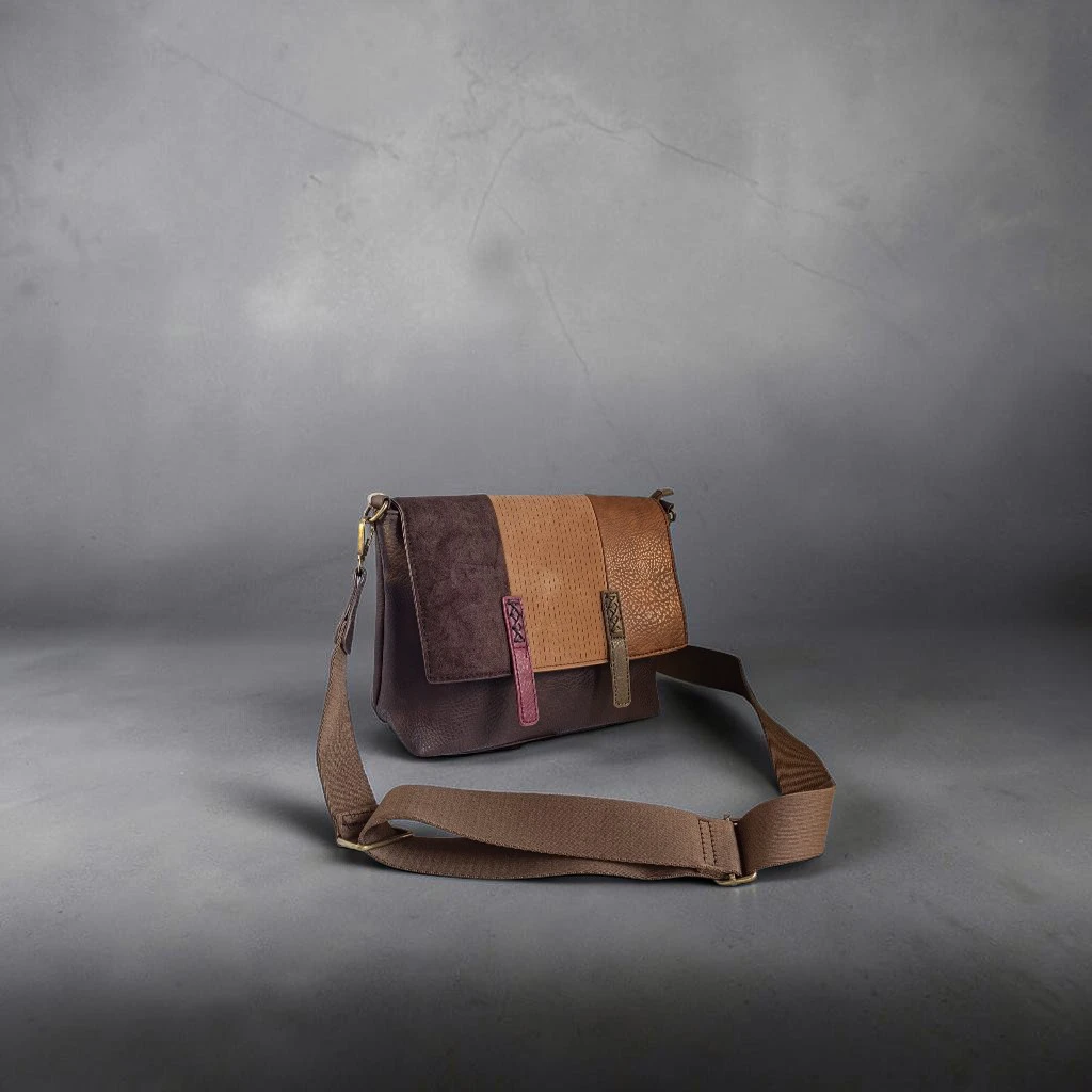 Bolso bandolera mujer marrón chocolate y mostaza tipo maletín