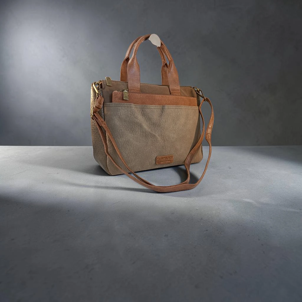 Bolso mujer multicolor marrón camel y topo con bolsillo exterior y bandolera