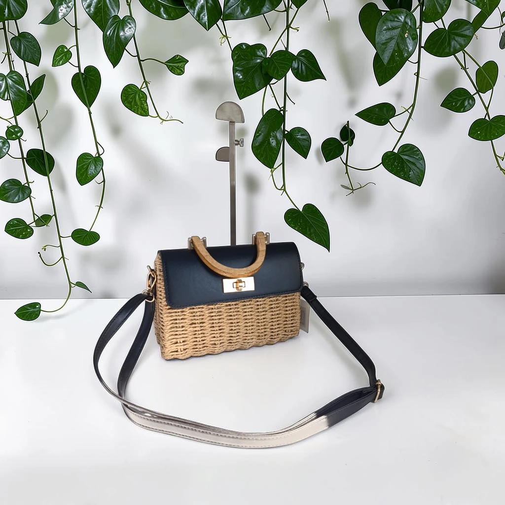 Bolso bandolera de rafia negro con asa rígida Bolso bandolera de rafia negro con asa rígida