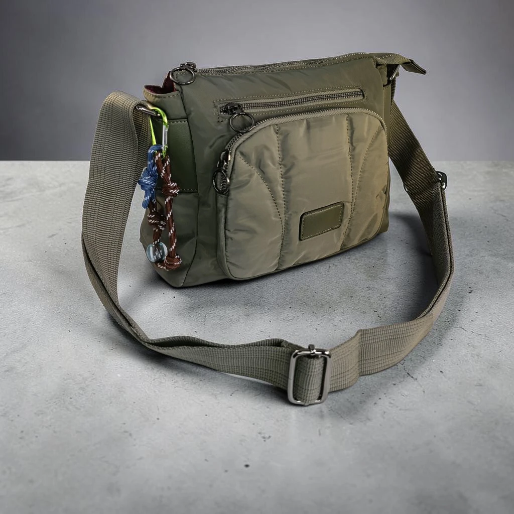Bolso bandolera verde oliva de nylon acolchado para mujer con bolsillos