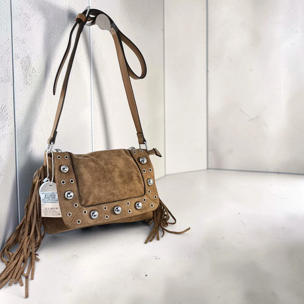 Bolso bandolera mujer topo de antelina con flecos y tachas