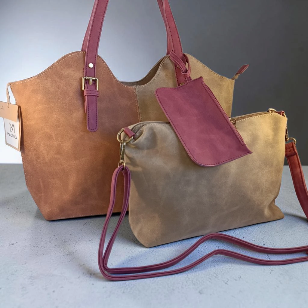 Bolso tote de antelina camel taupe y burdeos para mujer