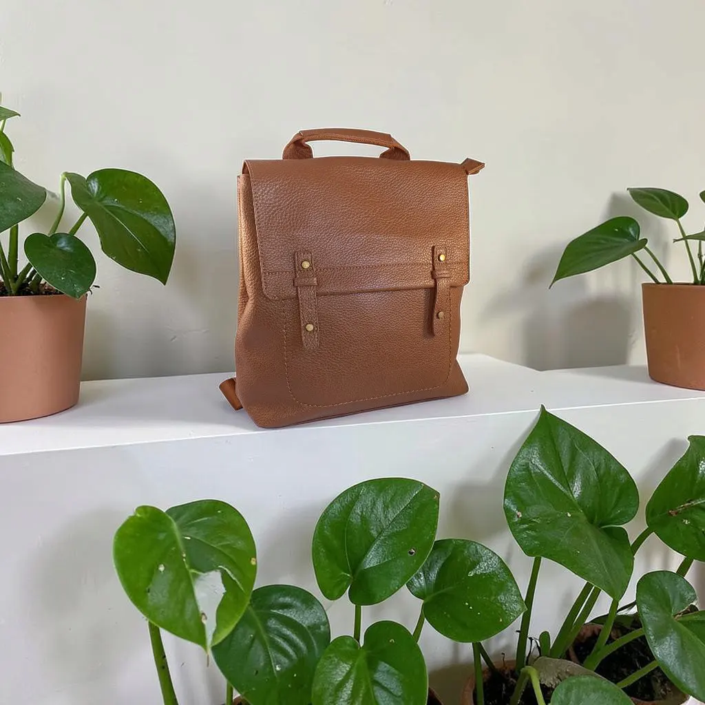 Mochila mujer camel de piel vegana con bolsillo frontal