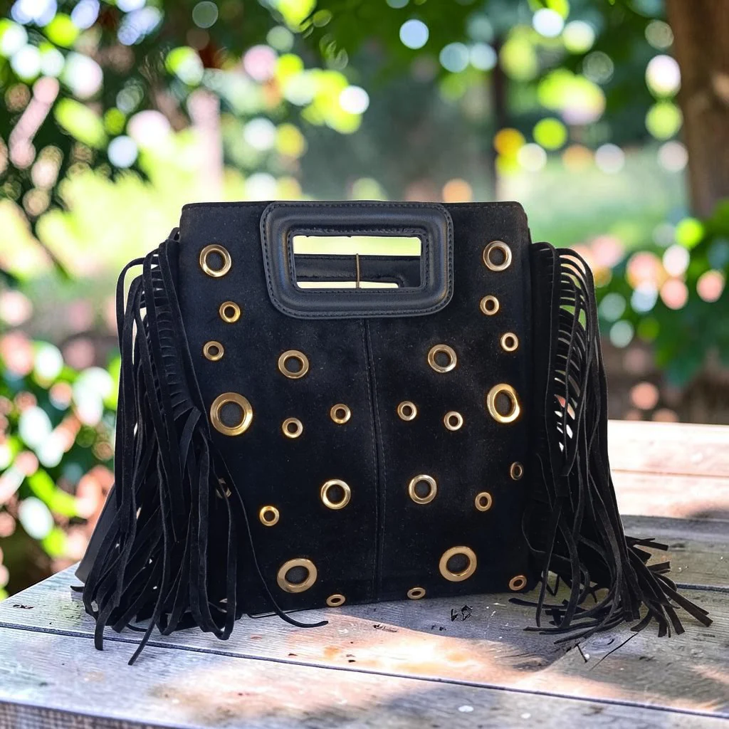Bolso negro de mujer de antelina con flecos y tachuelas doradas