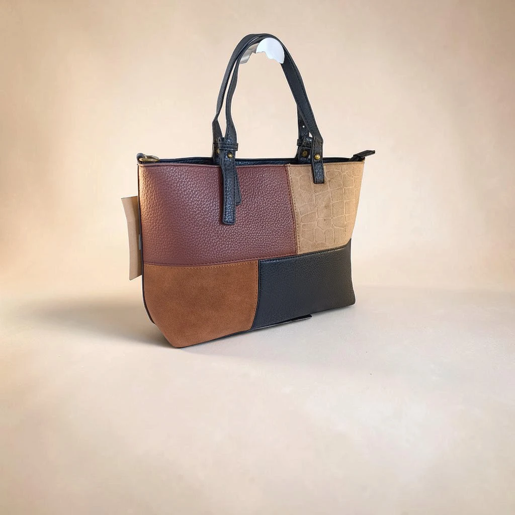 Bolso tote mujer negro y marrón de polipiel patchwork
