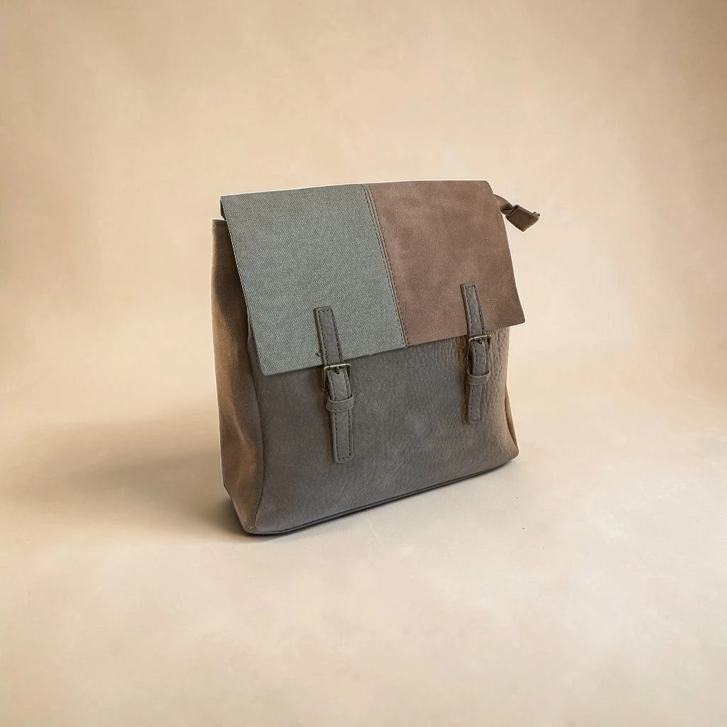 Mochila mujer de piel sintética taupe verde y marrón