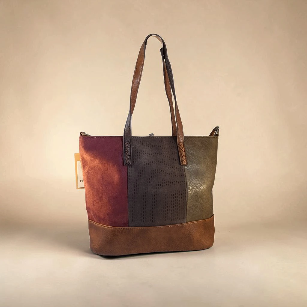 Bolso tote mujer camel burdeos y verde