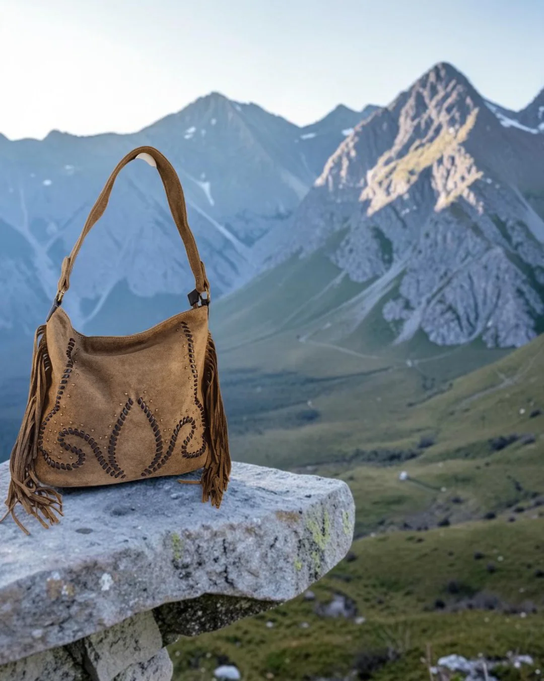 Bolso hobo antelina flecos en topo