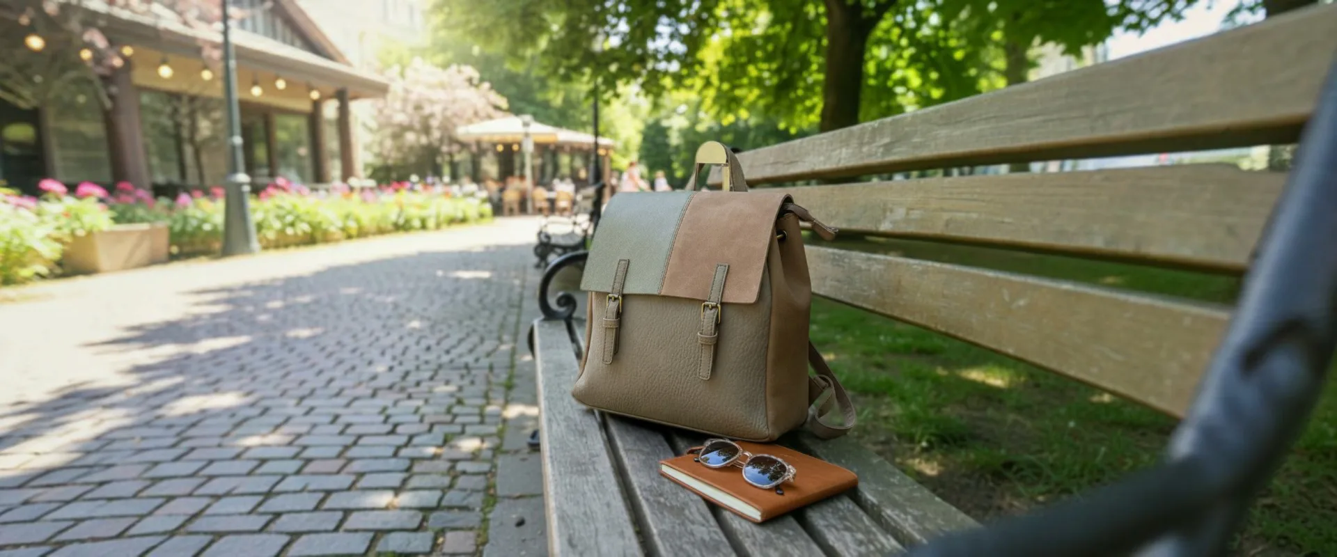 Mochila de mujer en un banco del parque Mochila de mujer en un banco del parque