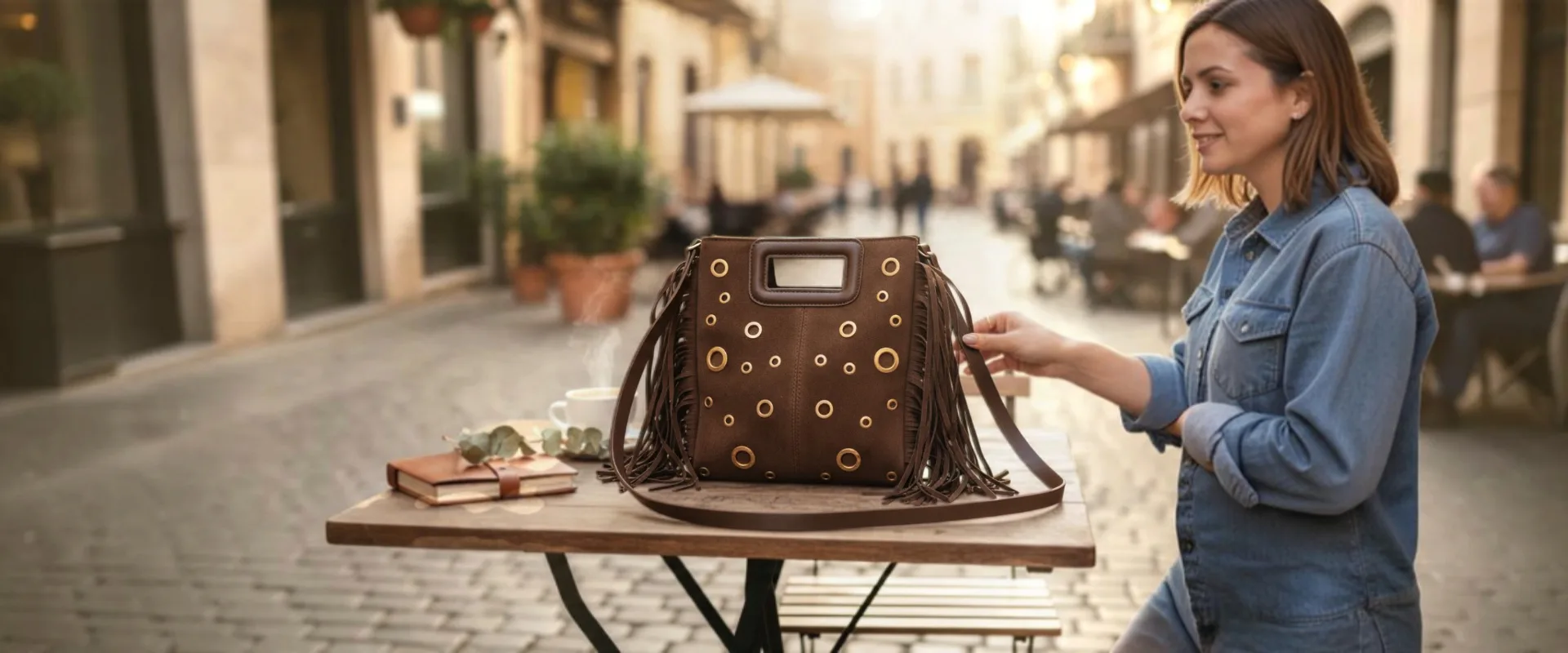 Bolso de antelina con flecos y tachuelas Bolso de antelina con flecos y tachuelas