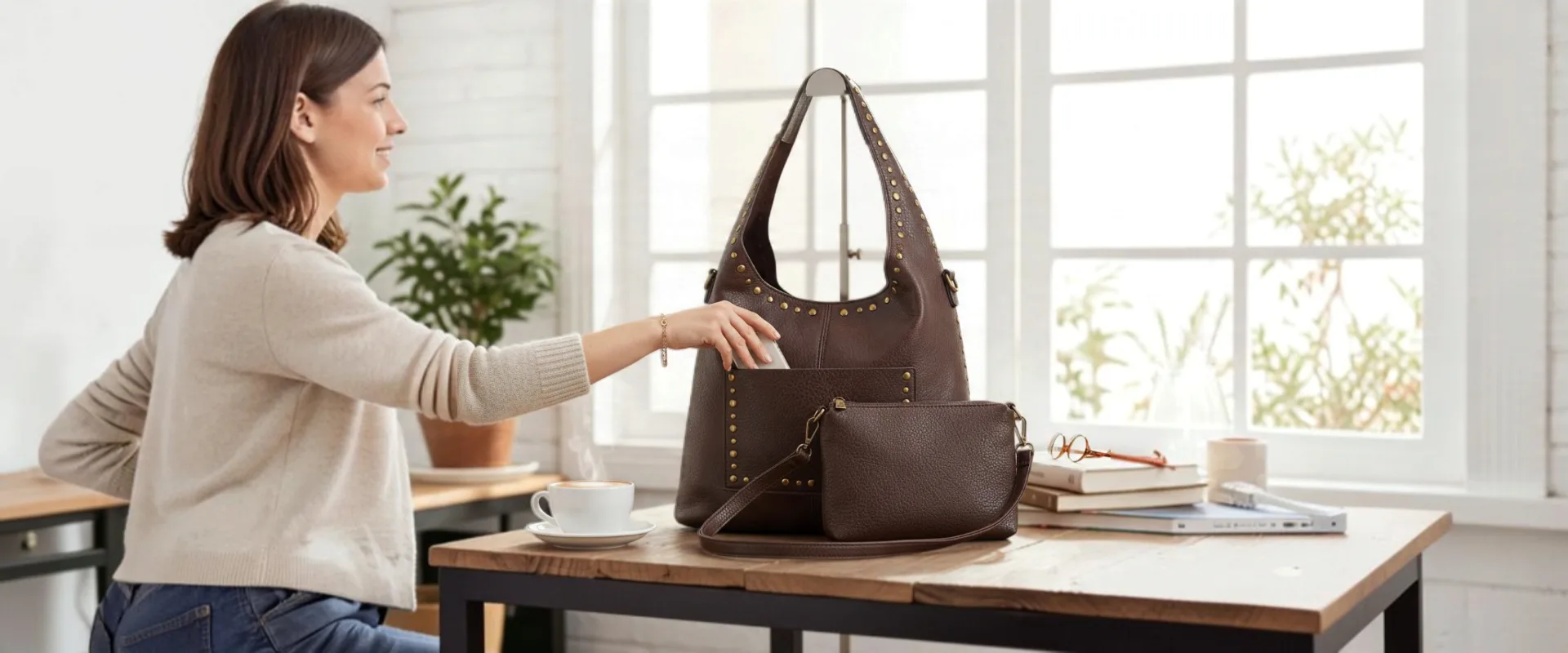 Bolso hobo de mujer marrón chocolate con tachuelas Bolso hobo de mujer marrón chocolate con tachuelas