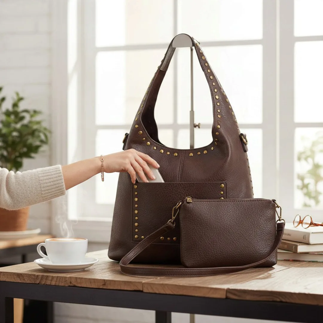Bolso hobo de mujer marrón chocolate con tachuelas Bolso hobo de mujer marrón chocolate con tachuelas