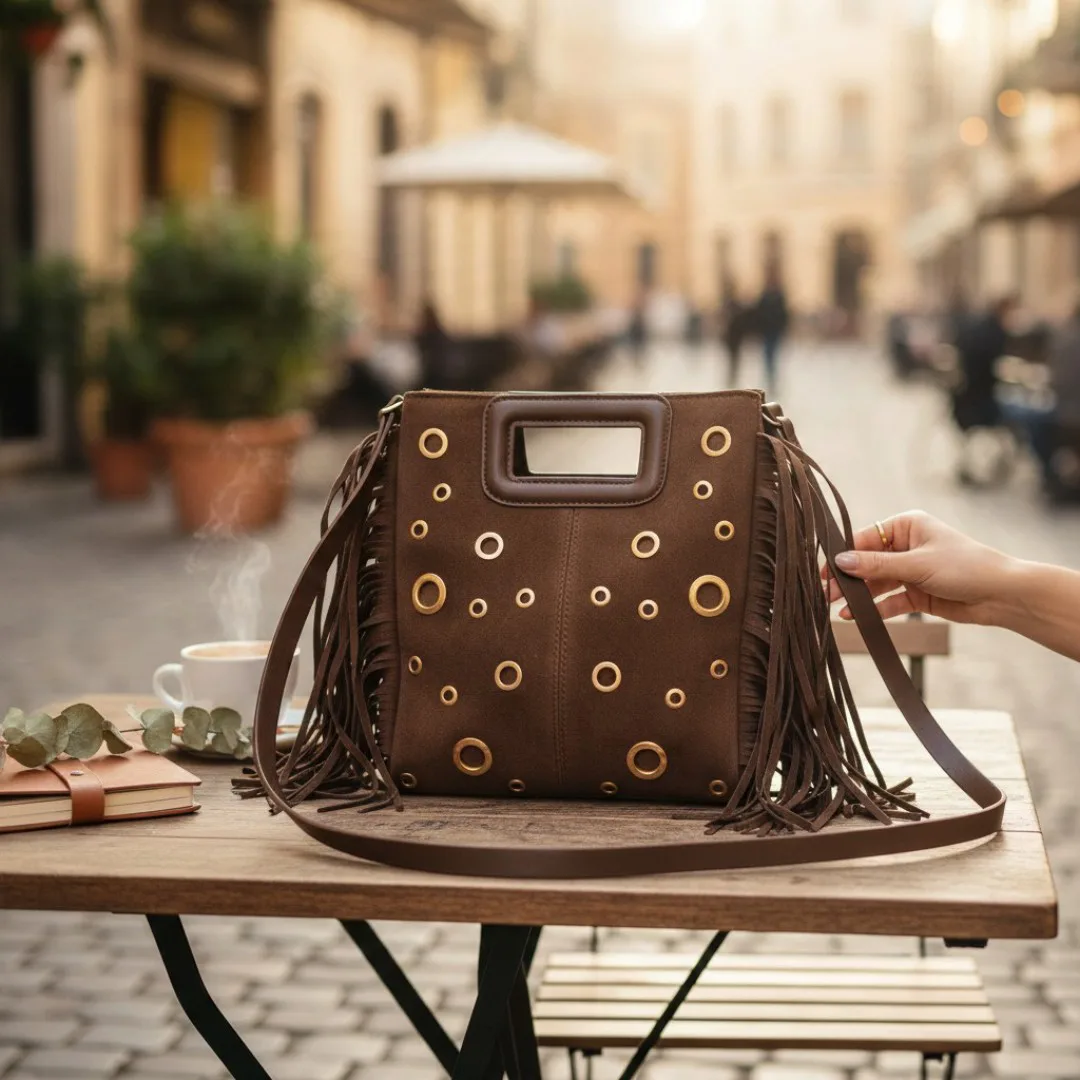 Bolso de antelina con flecos y tachuelas Bolso de antelina con flecos y tachuelas