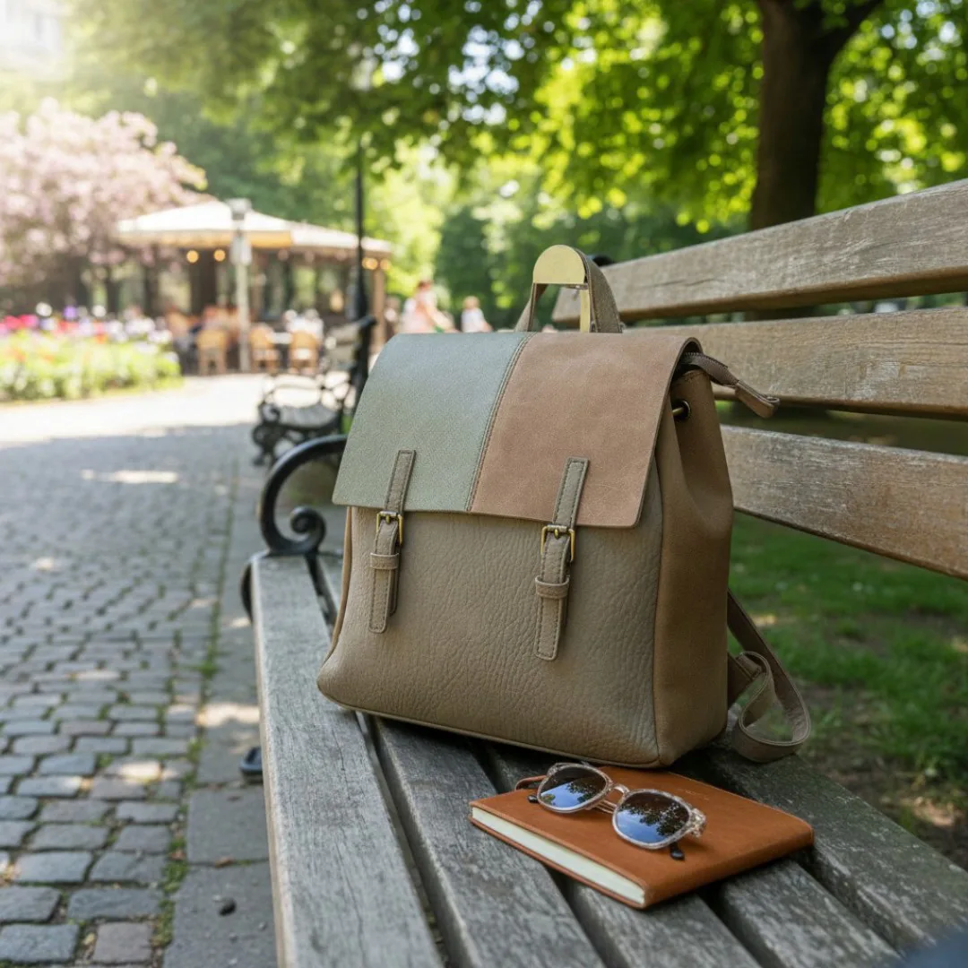 Mochila de mujer en un banco del parque Mochila de mujer en un banco del parque