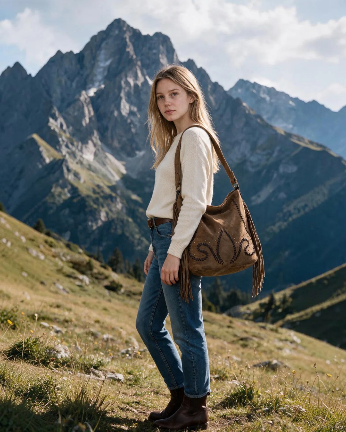 Bolso hobo antelina flecos en topo